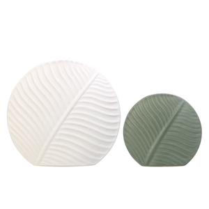 Juego de jarrones minimalistas de cerámica con textura de hojas en blanco mate y verde