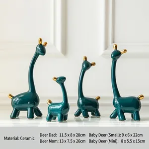 Ceramic giraffe family statues in dark green and gold, set of four sizes for home decor