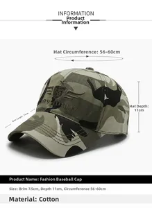Detail showing camouflage cotton baseball cap dimensions and embroidered logo