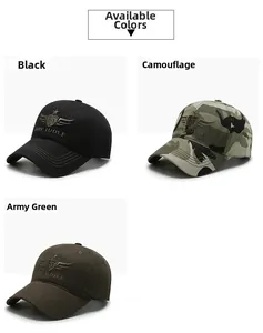 Detailed embroidery of Ray Wolf logo on cotton camouflage and solid baseball caps