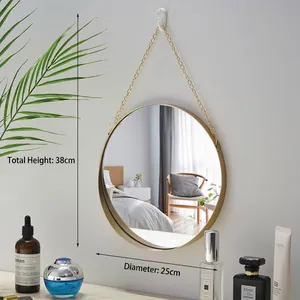 Modern gold circular metal wall mirror with chain, 25cm diameter, 38cm total height