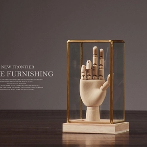 Nordic brass glass dome display with adjustable wooden hand model on solid wood base