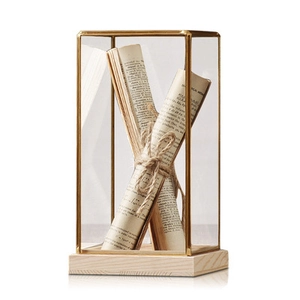 Nordic brass glass display box with wooden base for luxury home tabletop decor
