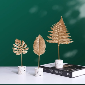 Nordic Light Luxury Metal Leaf Ornament With Terrazzo Base Golden Ginkgo Monstera Fern Tabletop Decoration Home Decor