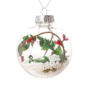Clear PET Christmas ball with green pine branches and white snow foam filling