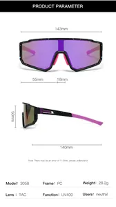 Detailed size guide for 3058 sports sunglasses showing lens width and frame dimensions