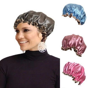 Détails de bonnets en satin gris, bleu, violet et rose avec bords élastiques à volants
