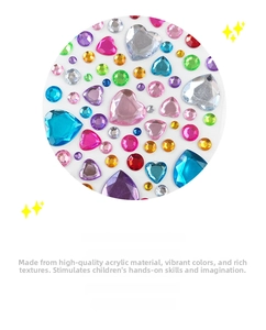 Macro shot of 3D acrylic crystal heart and round colorful diamond stickers for kids