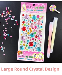 Detail of large round multi-color rhinestone stickers with 3D crystal gem effect