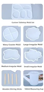 DIY resin coaster mold set including 5 silicone molds, 4 wood sticks, and a measuring cup