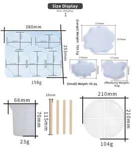 Size chart showing multi-shape silicone resin coaster molds with detailed dimensions