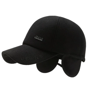 Winter black baseball cap with ear flaps and wool-like fabric for men’s warmth