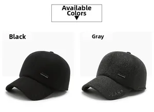 Detailed close-up of thick winter baseball caps with JEANS embroidery in black and grey colors