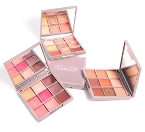 Nine-color eyeshadow palette collection featuring matte and shimmer shades in three tones