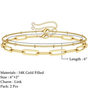 Minimalist 14K gold filled double layer paperclip and beaded link chain bracelet set