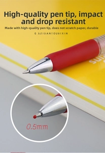 Detail of 0.5mm bullet tip red gel pen with protective wax seal for smooth writing