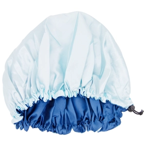 Adjustable satin sleep bonnet with double-layer light blue and navy silk fabric