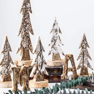 Natural birch wood Christmas tree desktop ornaments with snowy finish and letter accents