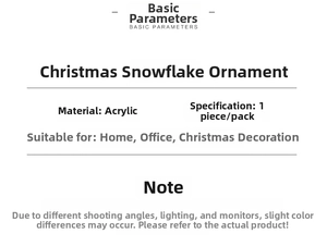 Detailed specifications for acrylic Christmas snowflake ornaments showing material and size
