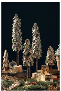 Detail of wooden Christmas tree with natural birch bark texture and green pine needles