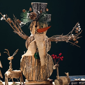 Handcrafted rustic wooden snowman ornament with natural bark and burlap holiday decor