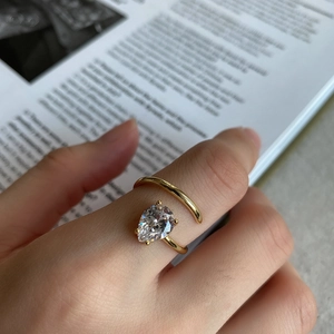 Minimalist 925 sterling silver open ring with gold plating and large pear shaped zircon