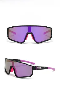 Detail of sports sunglasses featuring black splatter frames and purple reflective lenses