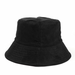 Detailed view of the black suede bucket hat featuring reinforced stitching on the brim