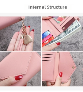 Pink PU leather wallet detail showing card slots, bill layer, and heart tassel pendant