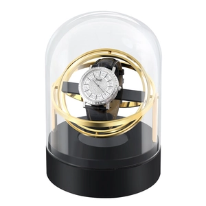 Automatic single watch winder with glass lid and gold metal holder on black base