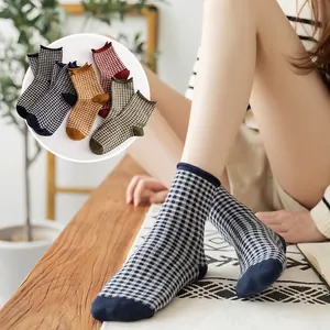 Retro plaid cotton crew socks for women with vintage curly edge in five assorted colors