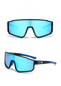 Front and side macro views of matte black sports sunglasses with blue mirrored lenses