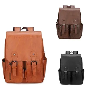 Sac à dos vintage en cuir PU pour hommes avec grande capacité et poches multiples