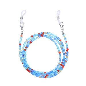 Detail of colorful beaded eyewear chain featuring glass beads and silver lobster clasps
