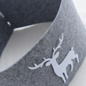 Grey felt Christmas tree skirt with white reindeer pattern decoration for holiday decor
