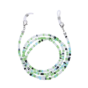 Detail of colorful beaded glasses chain set with silver lobster clasps and silicone loops