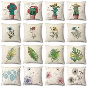 Grid view showing sixteen artistic linen cushion covers with sunflowers and cacti designs