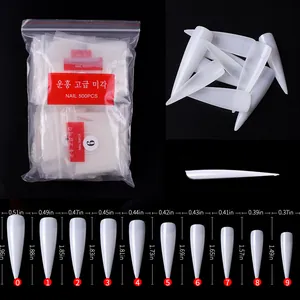 Size chart for 500pcs salon stiletto false nail tips in 10 sizes from 0 to 9