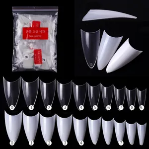 Detailed view of 500pcs stiletto nail tips in 10 different sizes from 0-9 for French manicure
