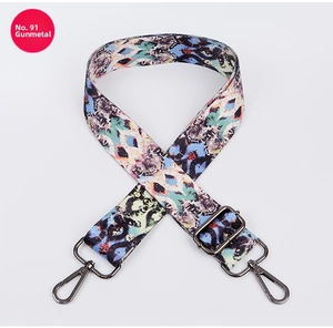 Detail of adjustable ethnic style bag strap with gunmetal lobster clasps and colorful pattern
