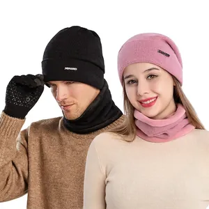 Bonnet Écharpe Et Gants En Tricot D'Hiver Doublés Polaire Bonnet Chaud Cache-Cou Gants Tactiles Pour Le Froid