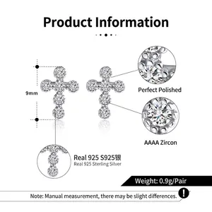S925 sterling silver cross stud earrings with sparkling AAAA zircons 9mm size