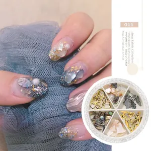Detailed view of 6-grid nail art kit with shell fragments and metal studs ornaments