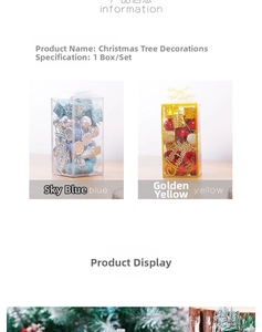 Detail showing assorted blue and gold Christmas tree hanging ornaments in a gift box