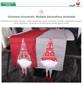 Detail of Christmas table runner with long-legged gnomes and striped knit fabric