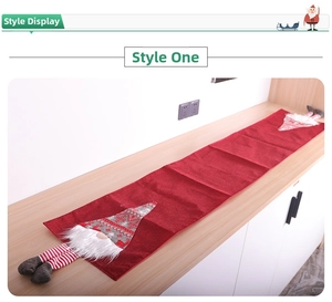 Christmas burlap table runner with plush faceless gnomes and striped long legs