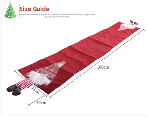 Detailed size chart of 180cm Christmas gnome table runner with red fabric and long legs
