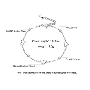 S925 Sterling Silver Heart Bracelet with Sparkly Round Zirconia stones, 17+3cm length