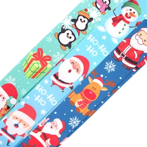 Christmas themed lanyards with Santa and reindeer prints in blue and mint green colors