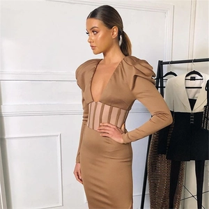 Elegantes khakifarbenes Kleid mit V-Ausschnitt, Puffärmeln und transparenten Details